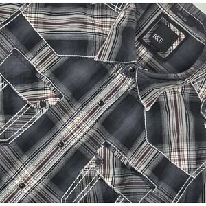 Buckle BKE Shirt Men‎ Large Gray Plaid Embroidered Pearl Snap Slim Fit